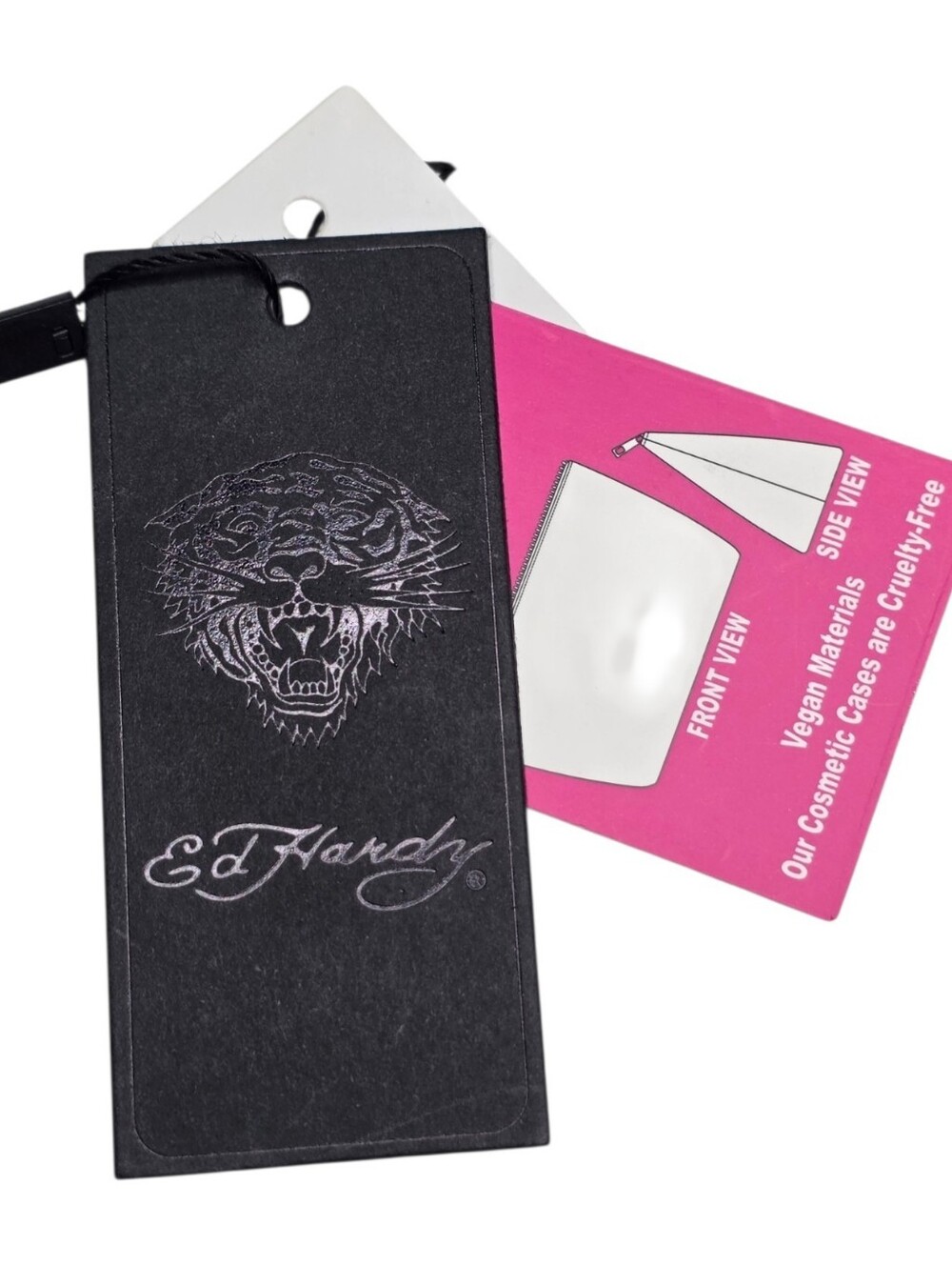 Ed Hardy Rhinestone Skull & Rose Black Faux Leather Cosmetic Travel Makeup Bag - Picture 3 of 8
